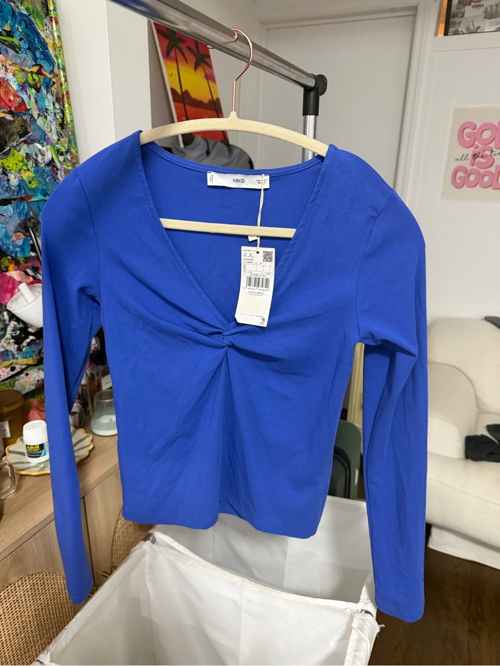 NWT Mango Women's Long-Sleeve Twist Front Top in Royal Blue